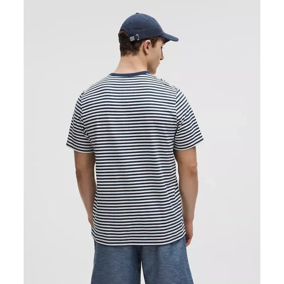 Lululemon Mens Organic Cotton Classic-Fit T-Shirt Blue & White Bold Stripe - Picture 4 of 4